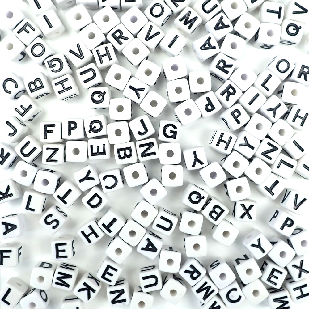 Plastic White 11mm Cube Vertical Hole Alphabet Beads, Single Letters, 12 beads