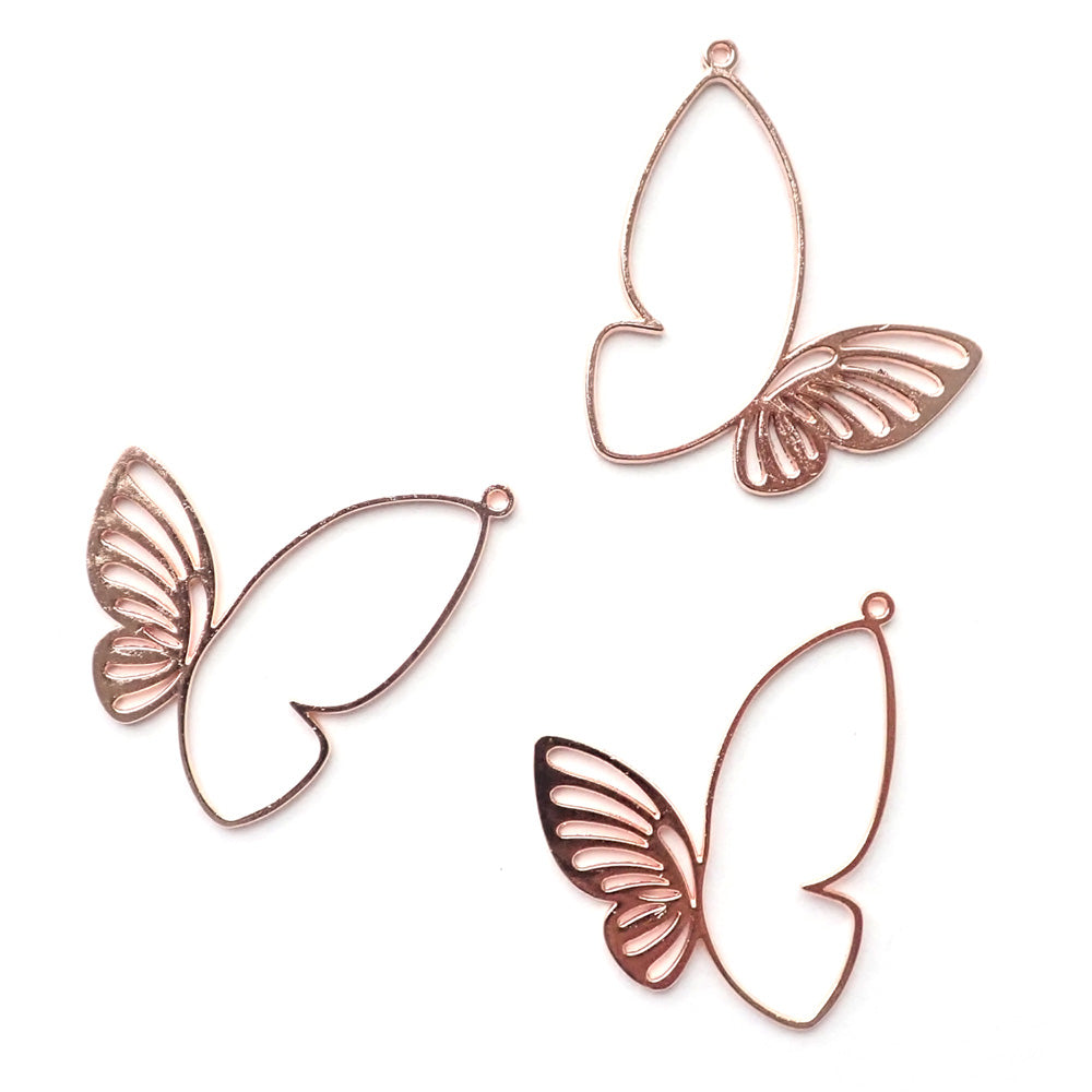 Rose Gold Tone Butterflies Hollow Metal Charms, 3 pcs, for jewelry making & crafts