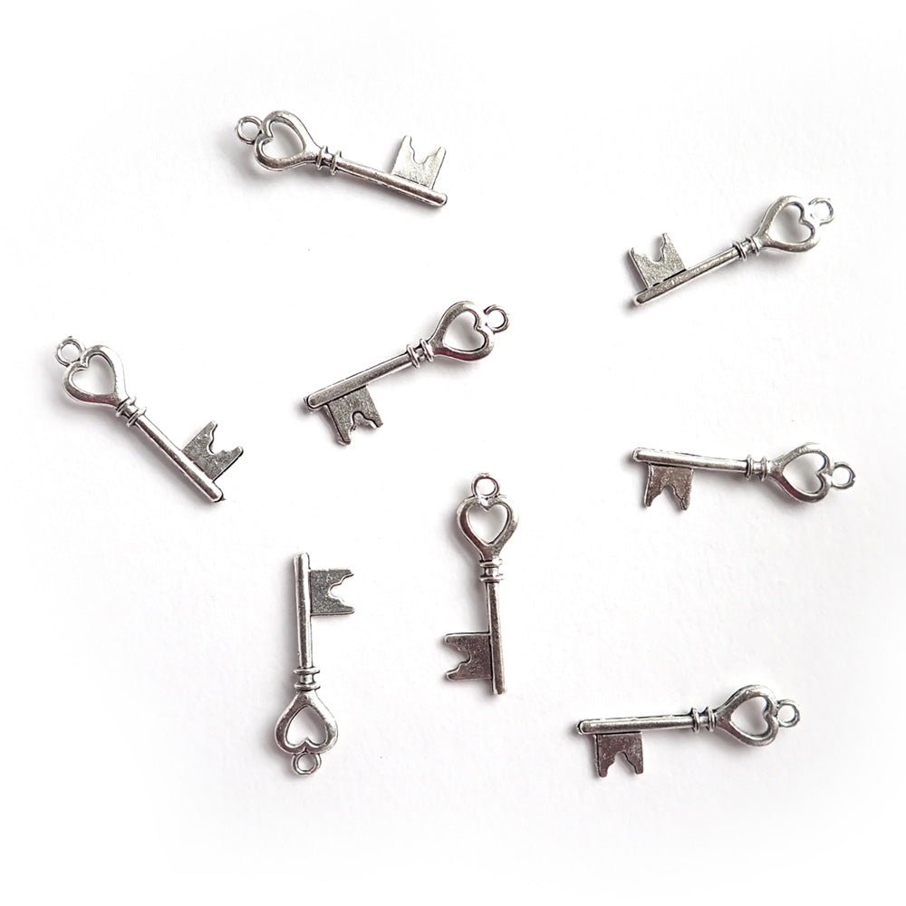 Heart Key Metal Charms, Silver Tone Color, about 8 charms, for jewelry making & crafts
