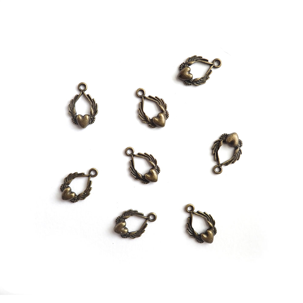 Winged Heart Metal Charms, Antique Bronze Color, 8 charms, for making bracelets & jewelry