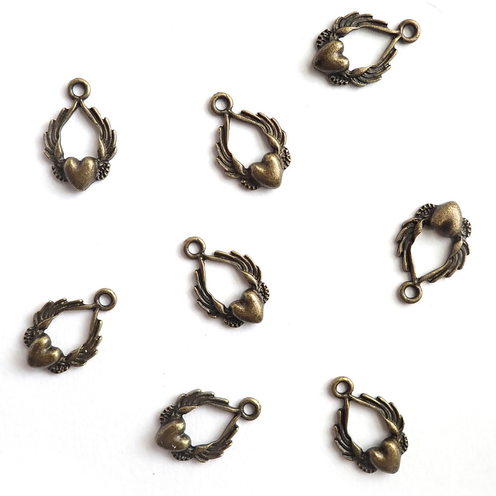 Winged Heart Metal Charms, Antique Bronze Color, 8 charms, for making bracelets & jewelry