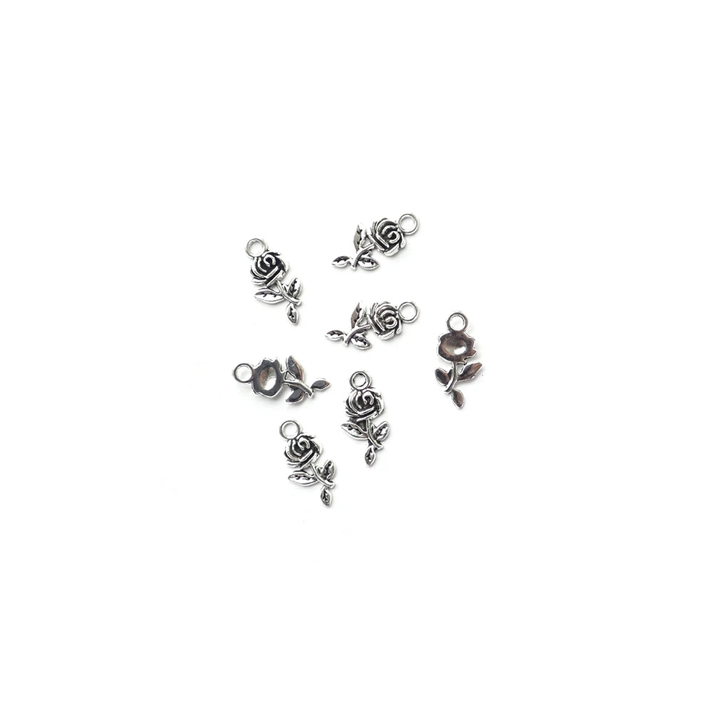 Rose Stems Metal Charms, Silver Tone Color, about 8 charms, for making bracelets & jewelry