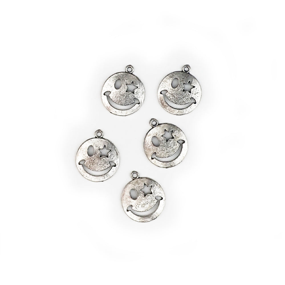 Smiley Face Charms w/ Star Eye, 22mm, Silver Color, 8pcs, for jewelry making & crafts