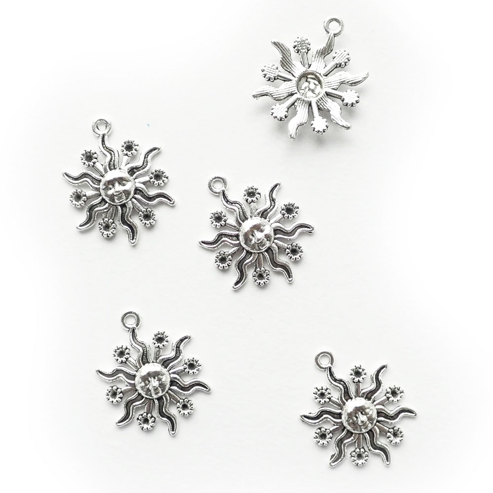 Celestial Sun Metal Charms, Silver Tone Color, 5 charms