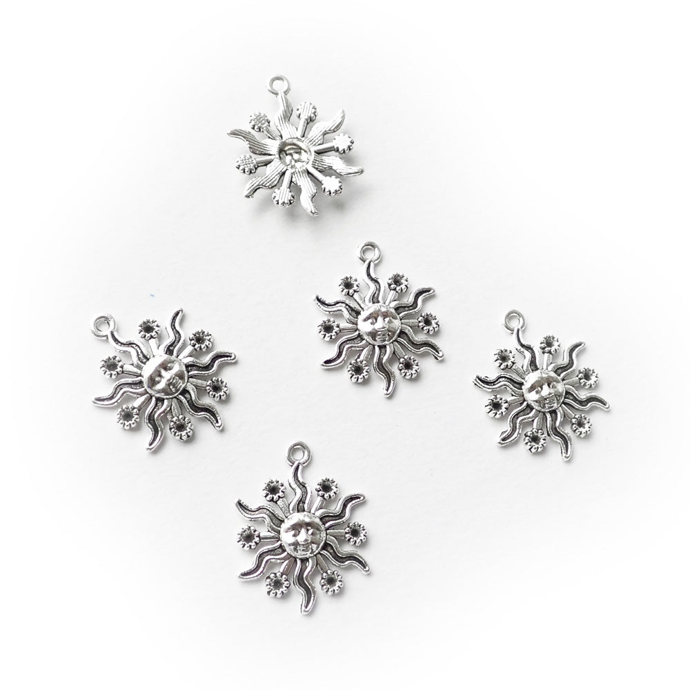 Celestial Sun Metal Charms, Silver Tone Color, 5 charms