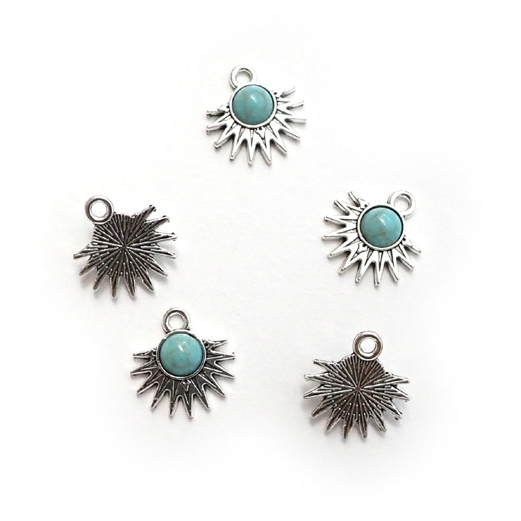 Boho Starburst Metal Charms w/ Faux Turquoise, Silver Color, 5 charms, for jewelry making & crafts
