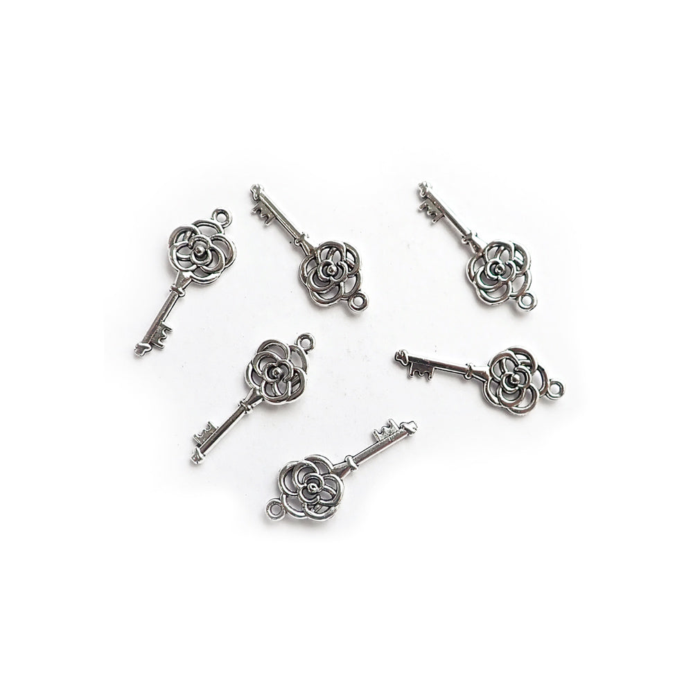 Rose Key Metal Charms, Silver Tone, about 6 charms, for making bracelets & jewelry