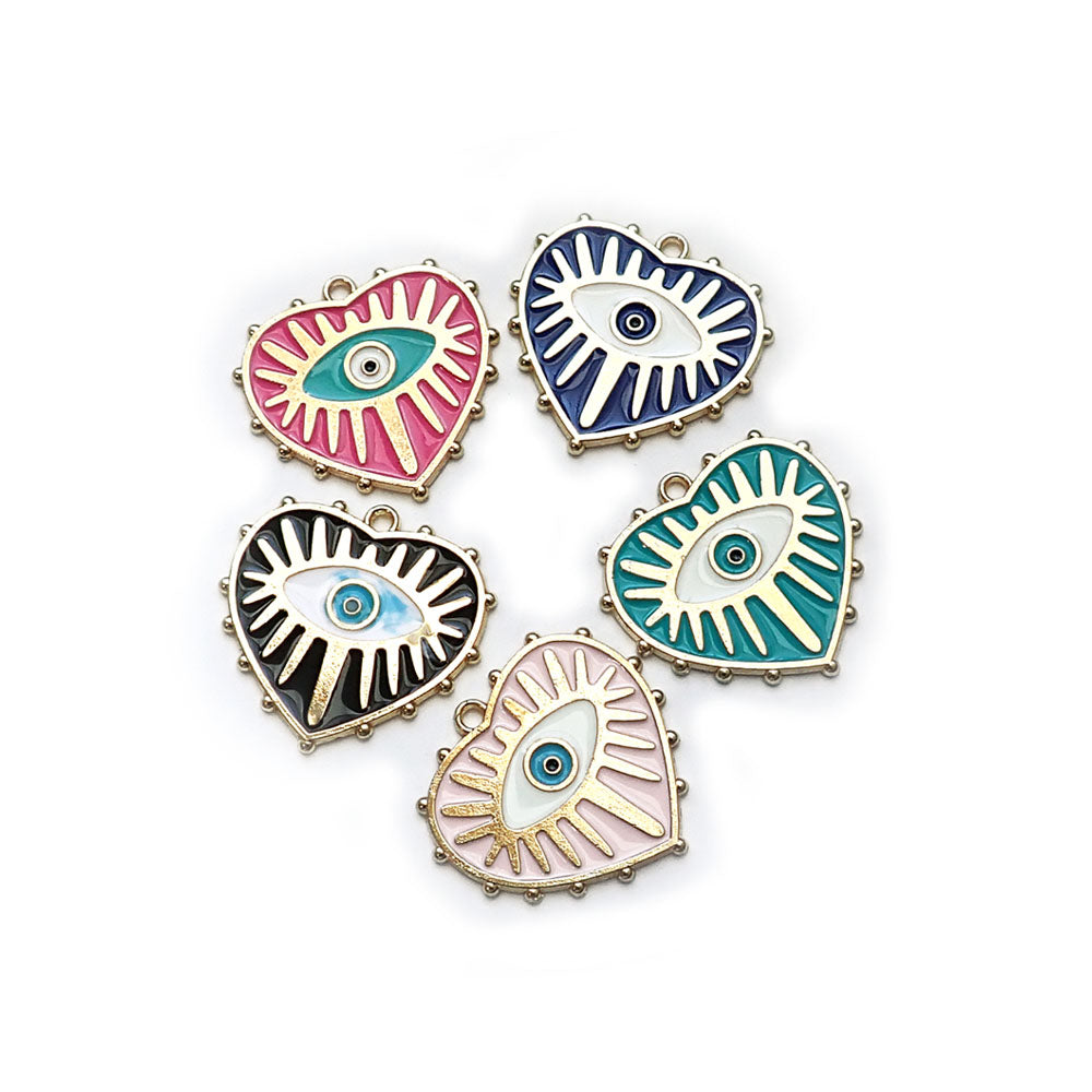 Enamel Evil Eye Heart Charms, Mixed Colors, 5 charms, for jewelry making & crafts
