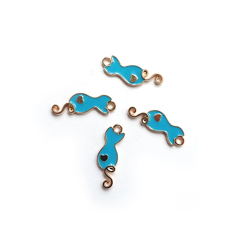 Enamel Cat w/ Curly Tail Metal Charms, Turquoise, 4 charms, for jewelry making & crafts