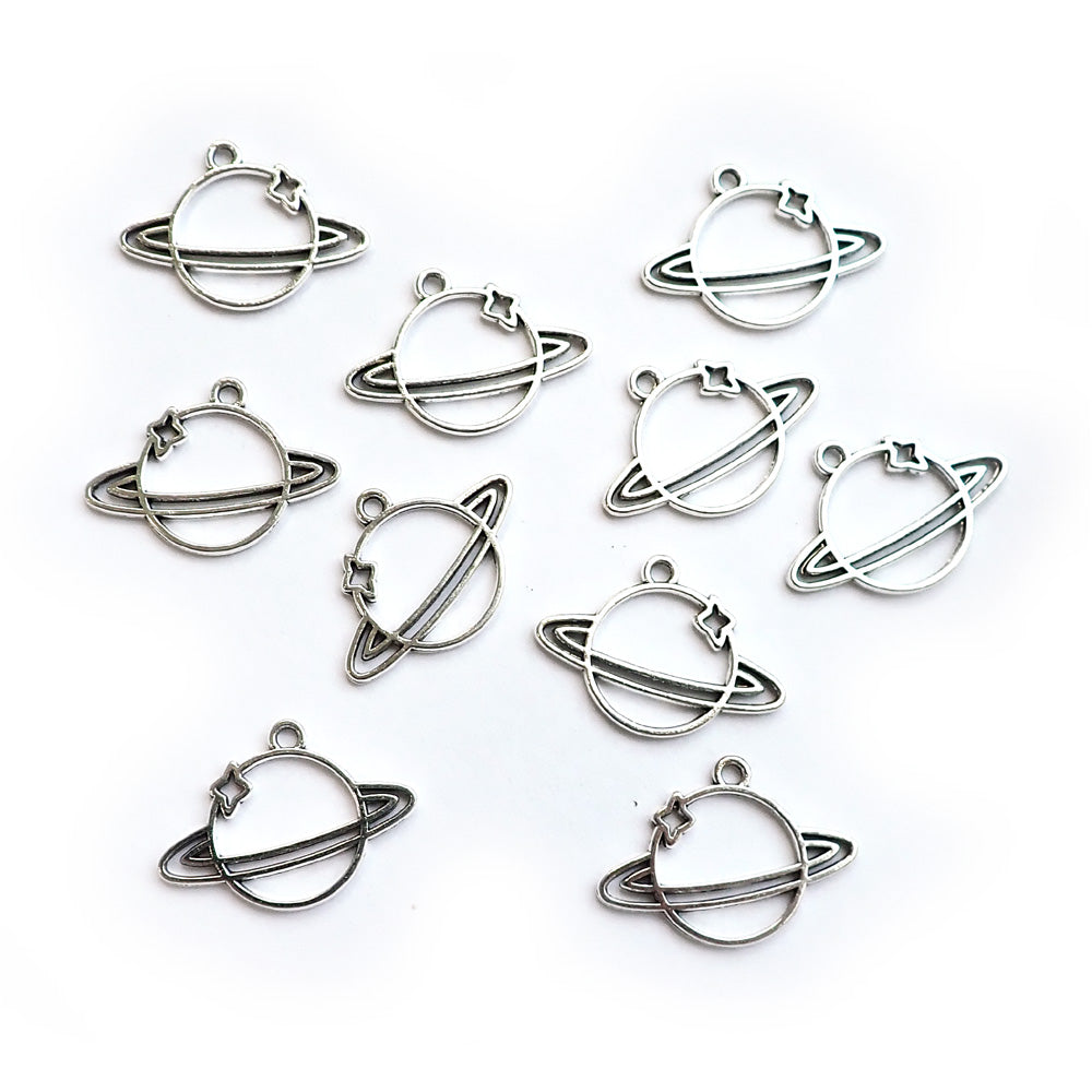Saturn Planet Metal Charms, Silver Tone, 10 charms, for making bracelets & jewelry