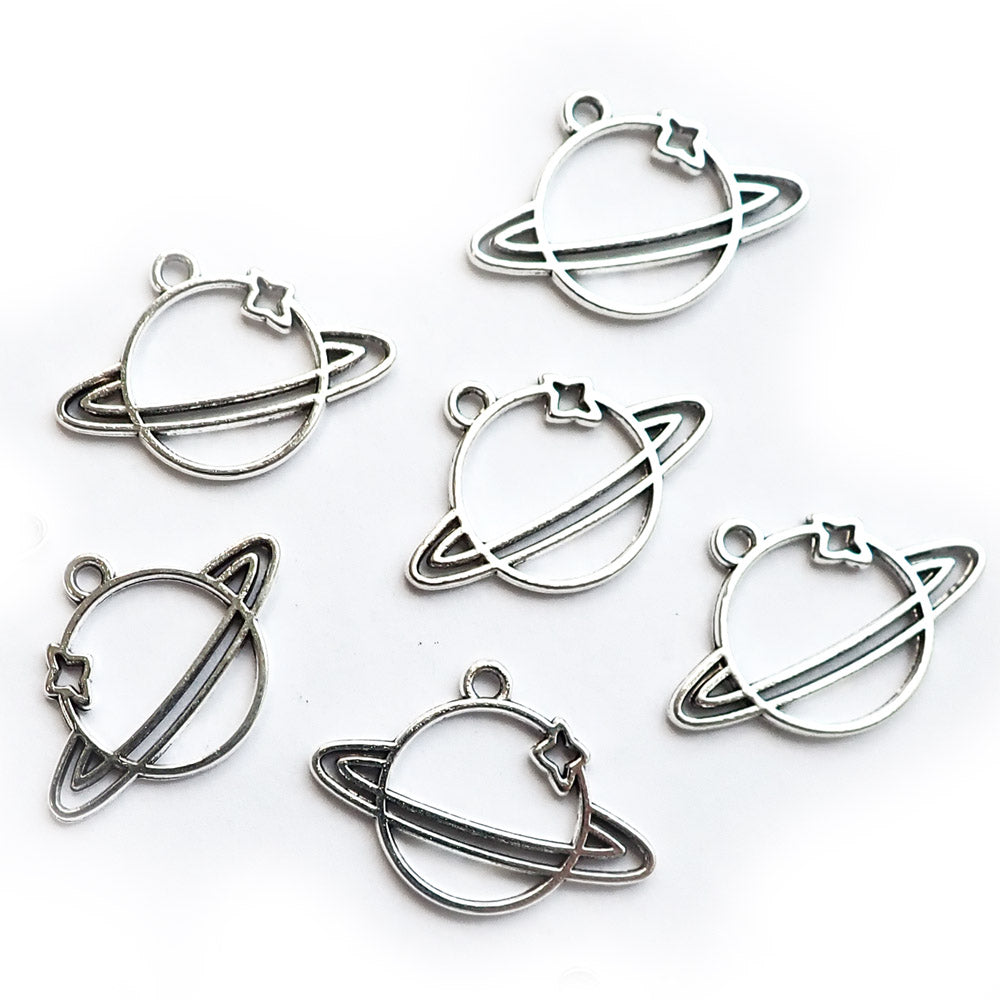 Saturn Planet Metal Charms, Silver Tone, 10 charms, for making bracelets & jewelry