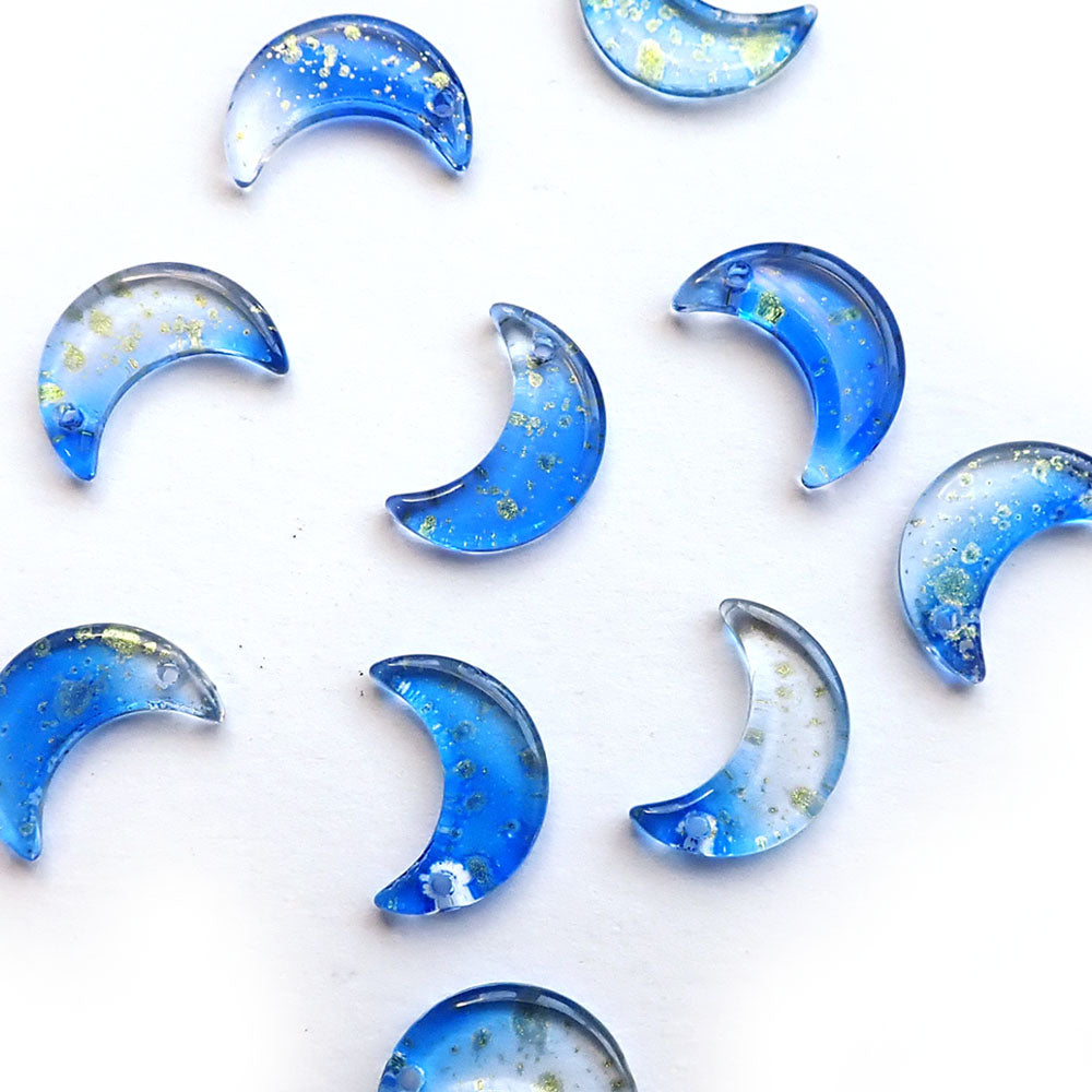 Glass Moon Charms, Blue w/ Gold Flecks, about 10 charms, for making bracelets & jewelry