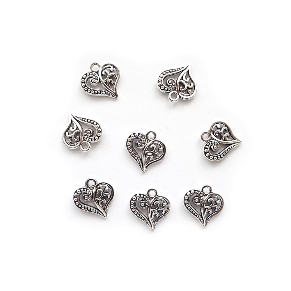 Heart Metal Charms w/ scroll designs, Silver Tone Color, about 8 charms, for making bracelets & jewelry