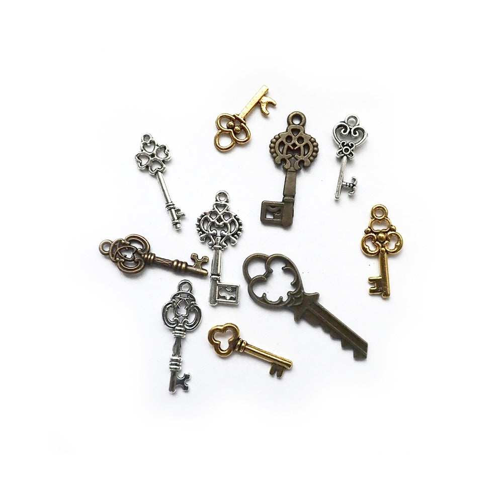 Vintage Key Metal Charms, Mixed Shapes, about 10 charms, for making bracelets & jewelry