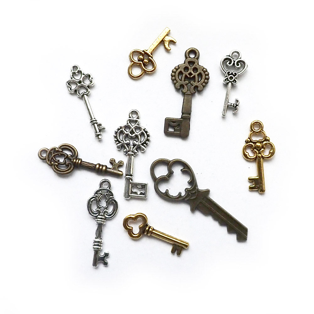 Vintage Key Metal Charms, Mixed Shapes, about 10 charms, for making bracelets & jewelry