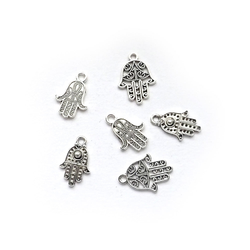 Hamsa Hand Metal Charm Mix, Silver Tone, 6 charms, for making bracelets & jewelry