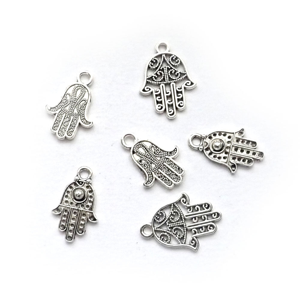 Hamsa Hand Metal Charm Mix, Silver Tone, 6 charms, for making bracelets & jewelry