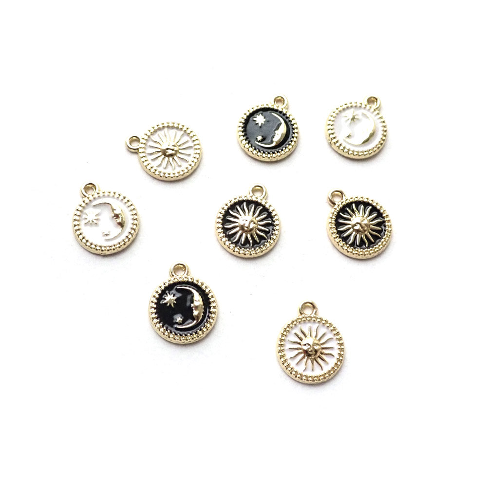 Celestial Dreams Sun & Moon Charms, Black White Enamel w/ Gold Tone, 8 charms