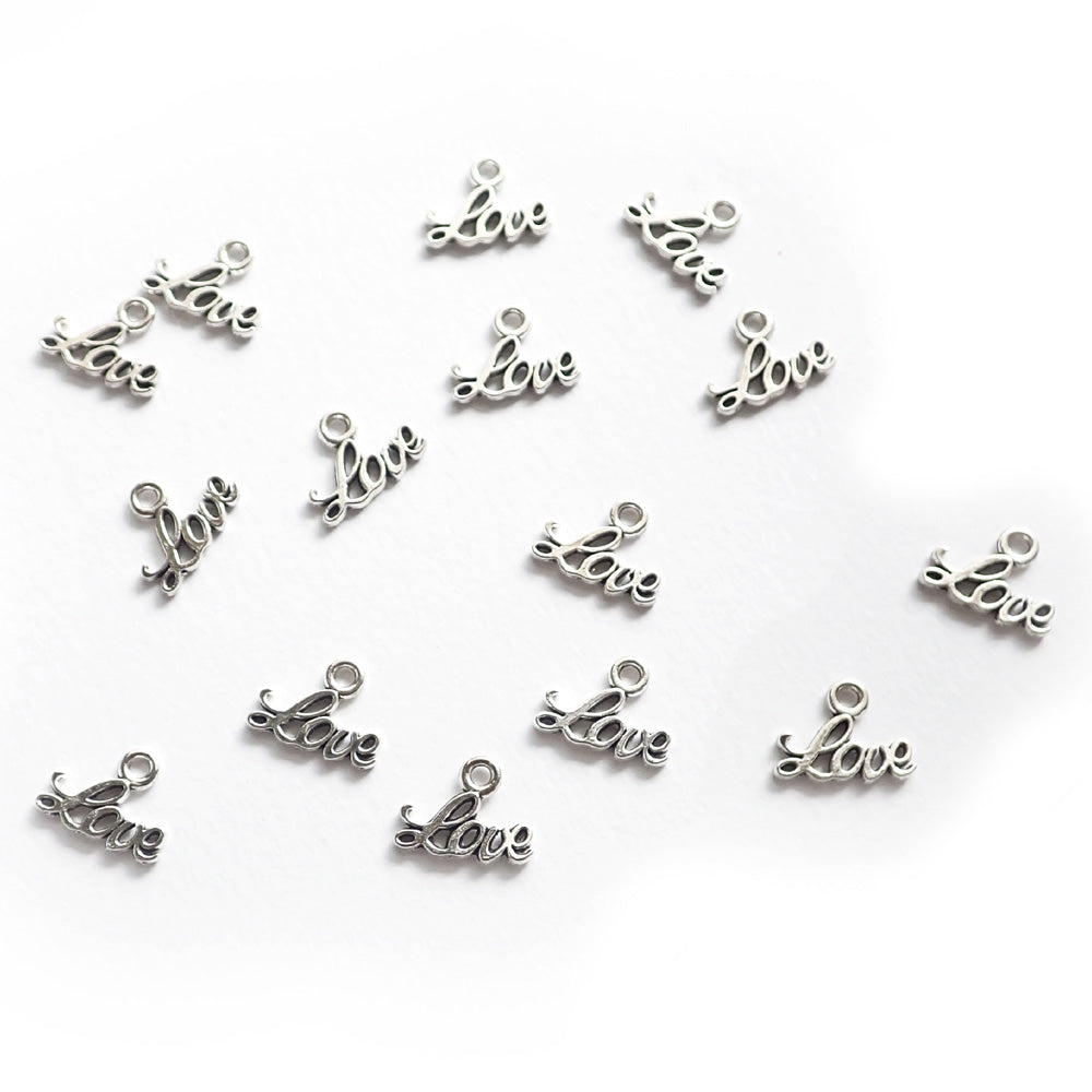 Love Script Word Charms, Silver Tone, about 15 charms