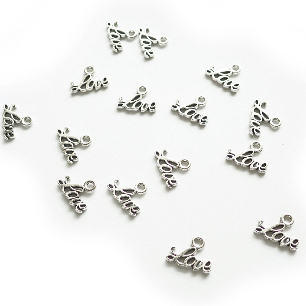 Love Script Word Charms, Silver Tone, about 15 charms