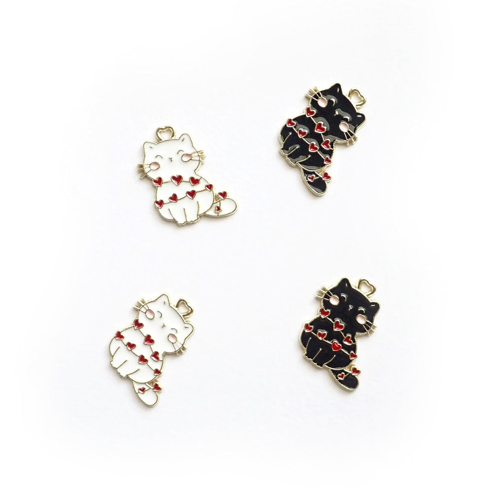 Valentine's Cat Enamel Metal Charms, 4 charms