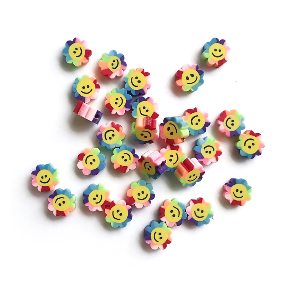 Rainbow Smiley Face Flower Beads, Polymer Clay, about 30 beads