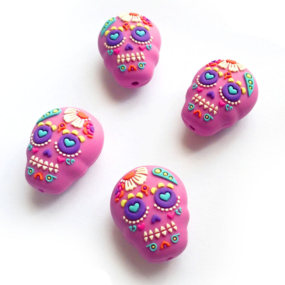 Sugar Skull Silicone Beads, Dark Pink, 4 beads