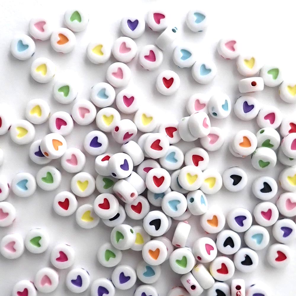 Plastic White 7mm Round Heart Beads, Random Colors, about 100 beads