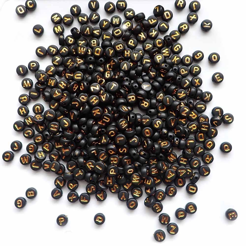 Black Plastic 7mm Round Alphabet Beads (Gold Letters), Random Letters, about 500 beads