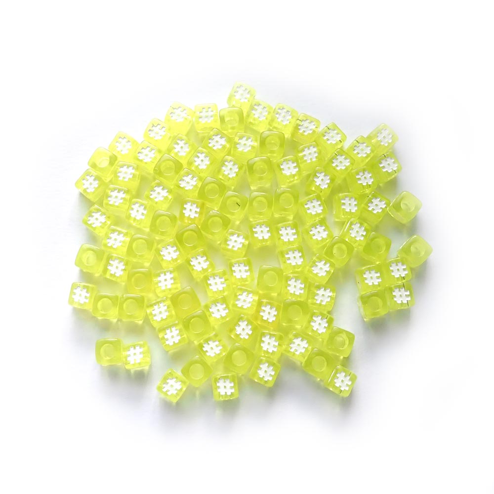 7mm Yellow Cube Plastic Beads w/ Hashtags, about 100 beads
