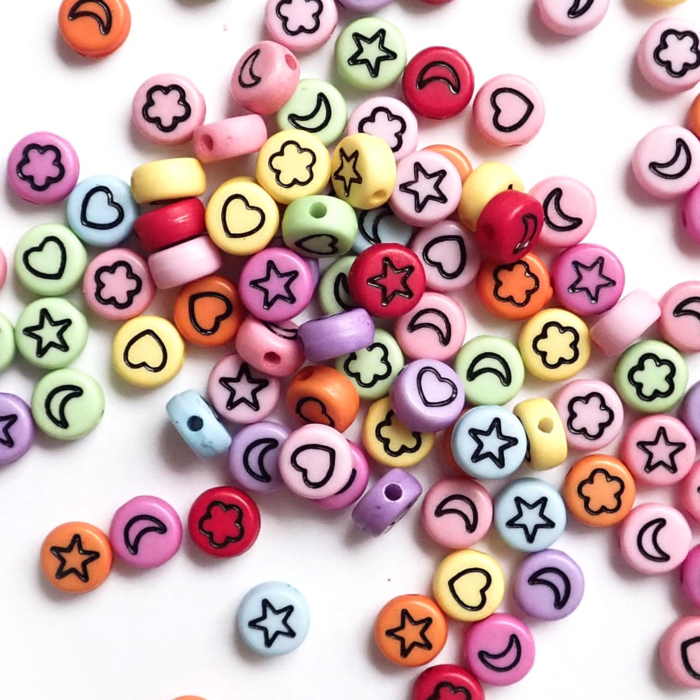 Multicolor Opaque Mix 7mm Plastic Round Beads w/ Friendship Designs, about 100 beads