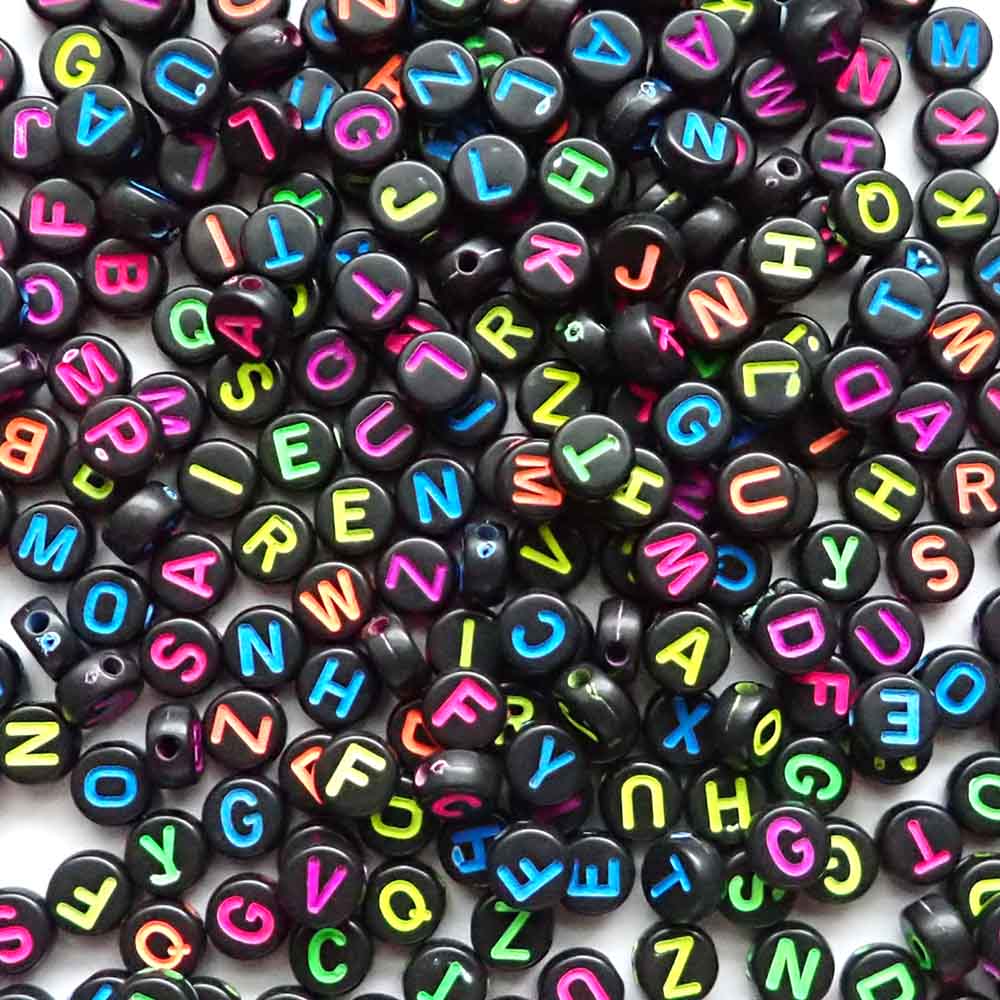 Black Plastic 7mm Round Alphabet Beads (Neon Letters), Random Letters, about 500 beads