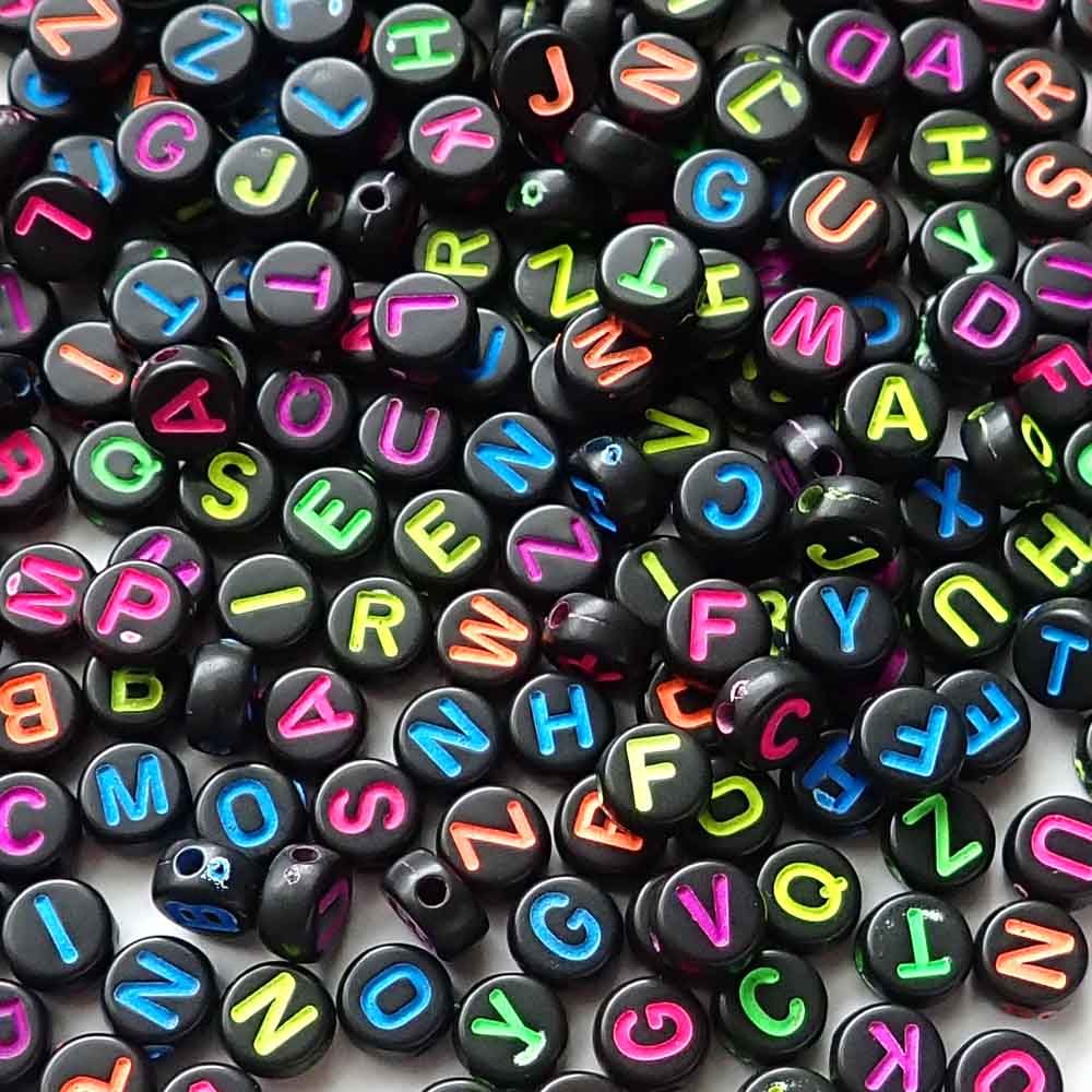Black Plastic 7mm Round Alphabet Beads (Neon Letters), Random Letters, about 500 beads