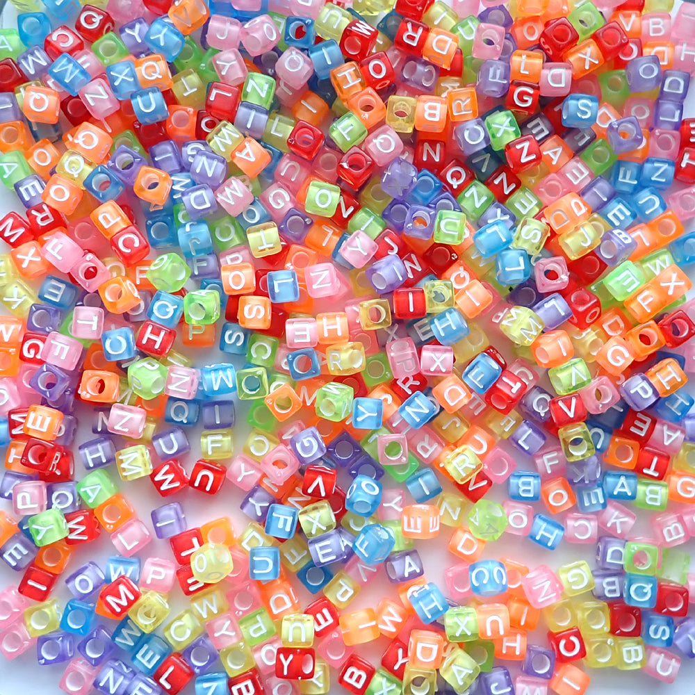 Transparent Color Mix Plastic 6mm Cube Alphabet Beads (White Letters), Random Letters, about 600 beads