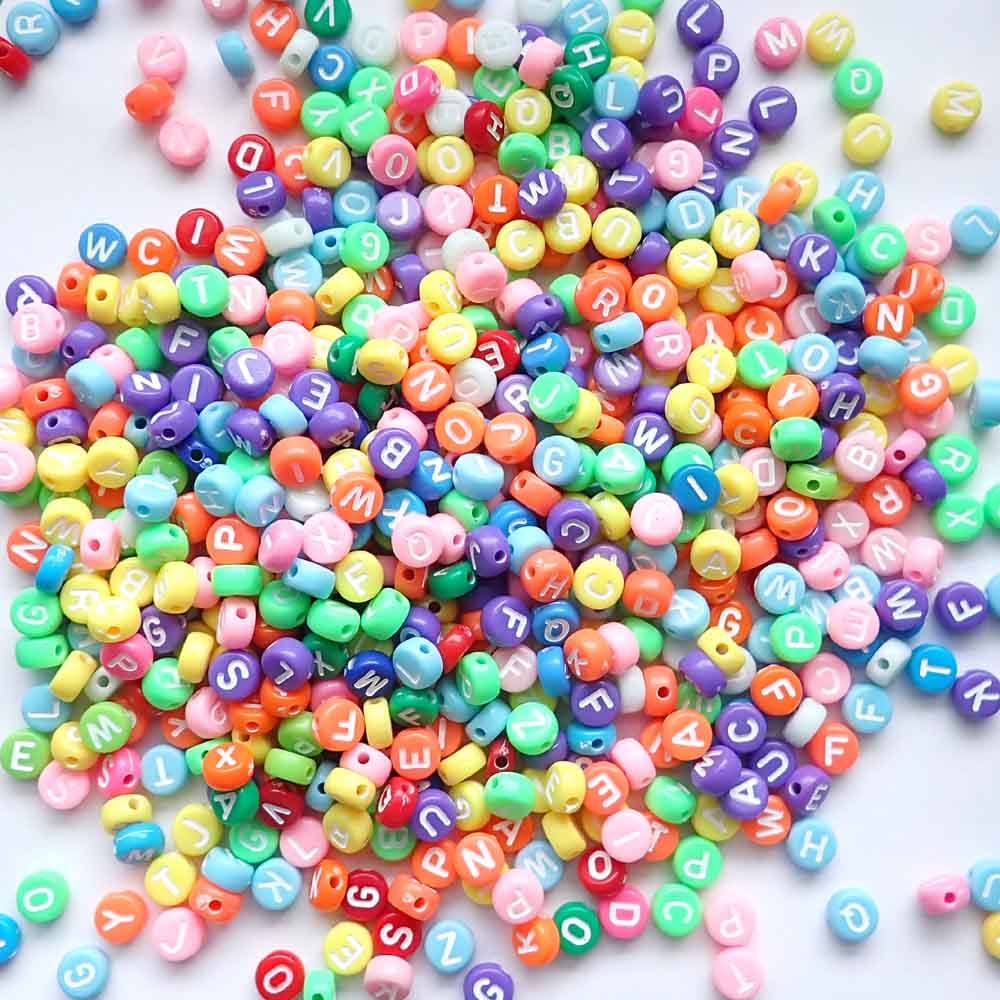 Opaque Color Mix Plastic 7mm Round Alphabet Beads (White Letters), Random Letters, about 600 beads