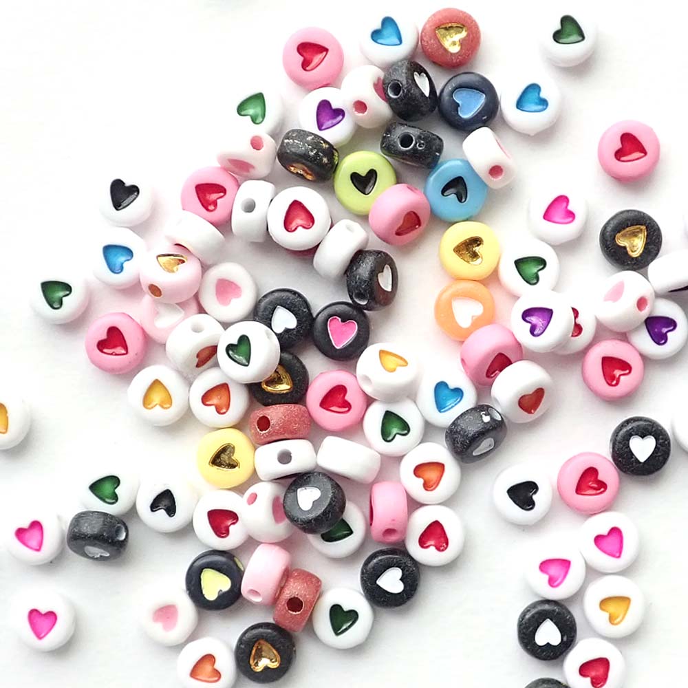 Plastic Round Beads with Hearts, 7mm, Random Colors, about 100 beads