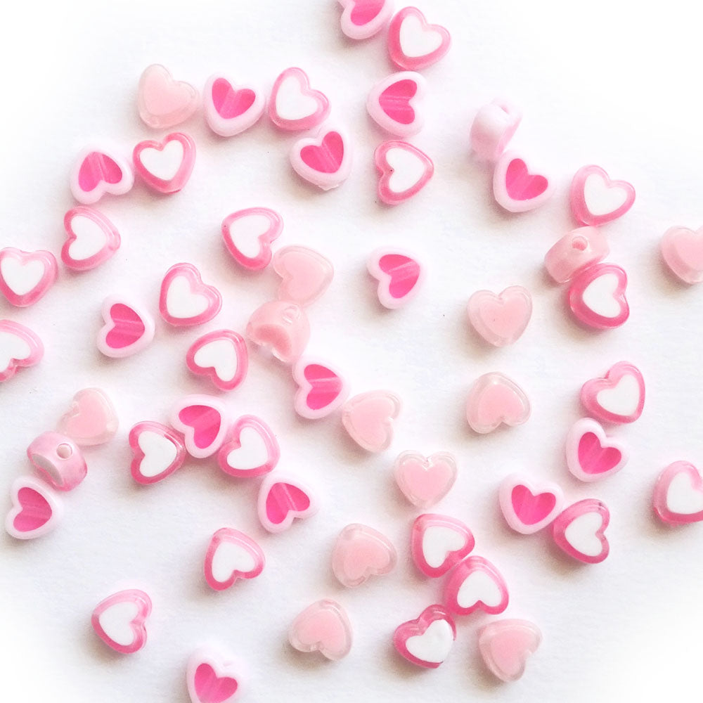 Pink & White Mix Two Tone Plastic Heart Beads, about 50 beads