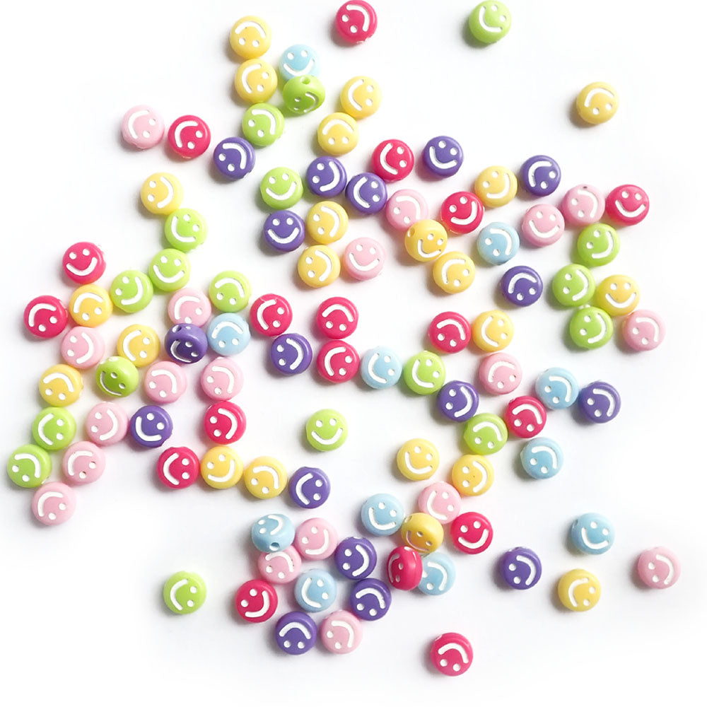 Bright Opaque Plastic Round Beads w/ White Smiley Faces, 7mm, about 100 beads