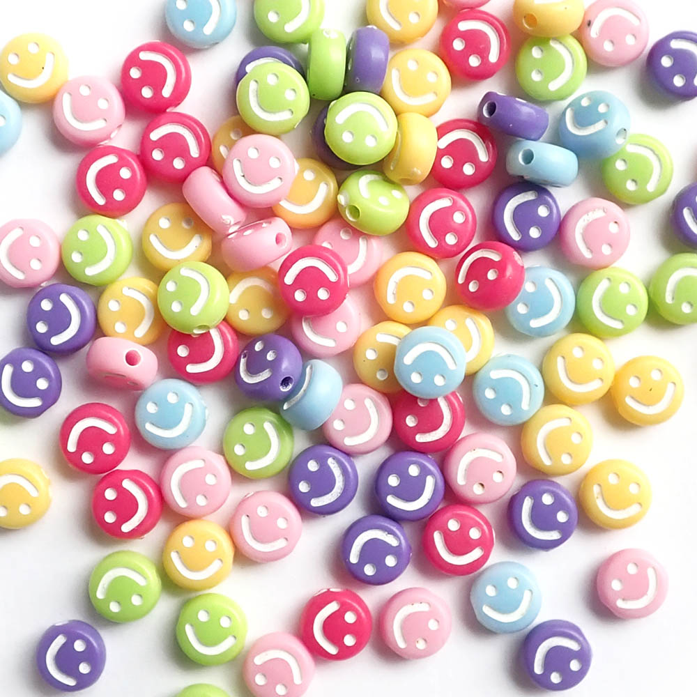 Bright Opaque Plastic Round Beads w/ White Smiley Faces, 7mm, about 100 beads