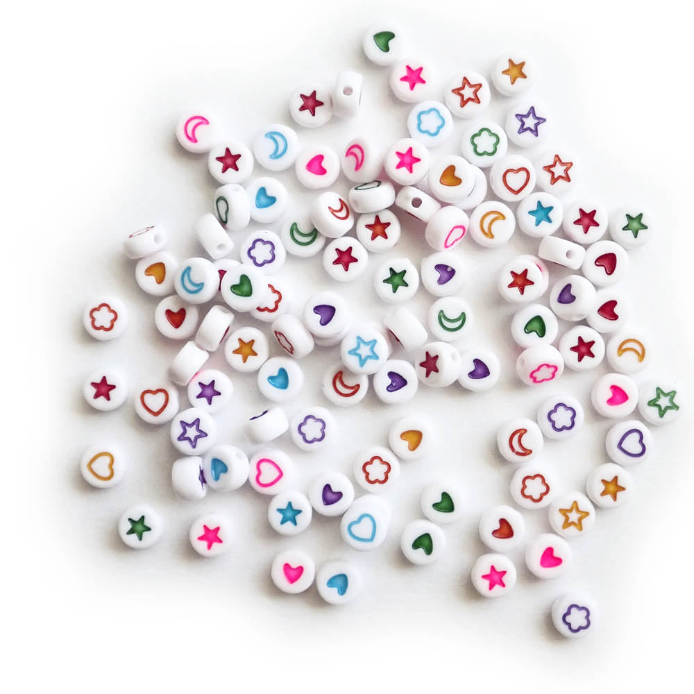 White Round Plastic Beads w/ Design Symbols, about 100 beads