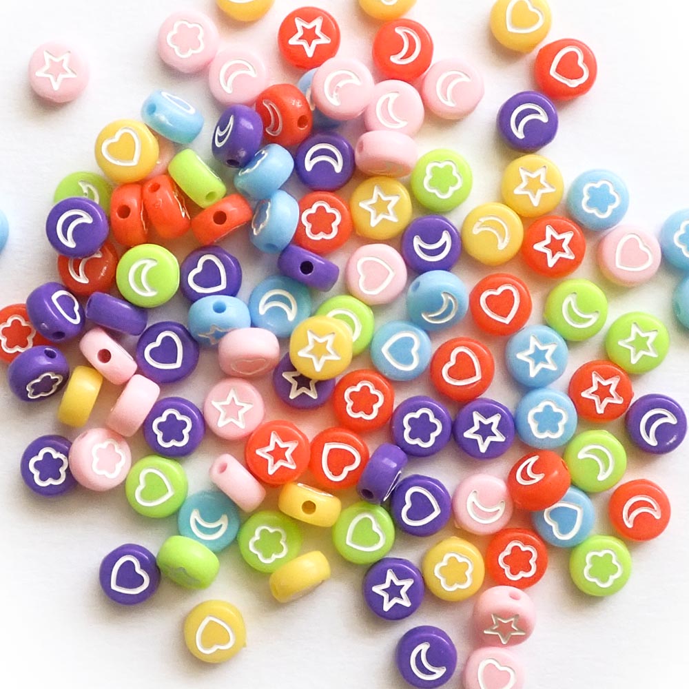 Rainbow Colors 7mm Plastic Round Beads w/ Design Symbols, about 100 beads