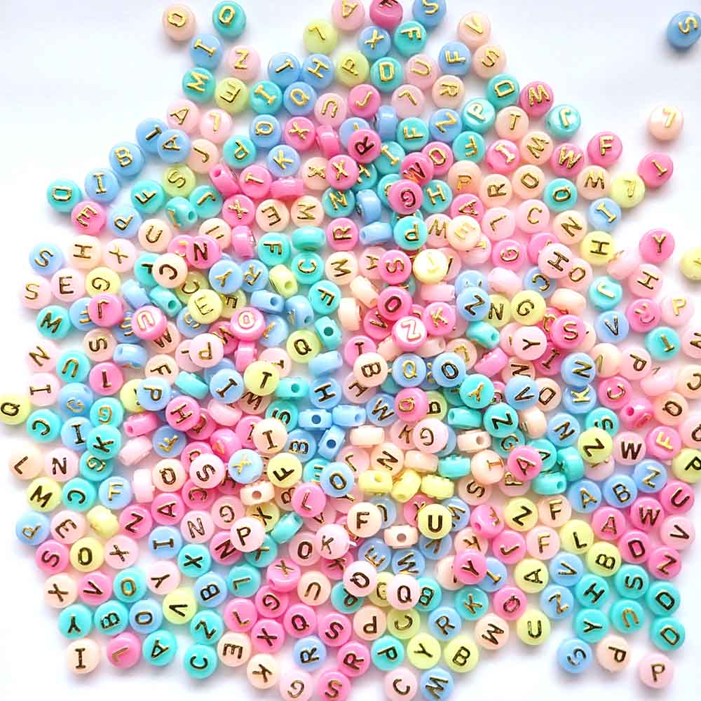 Pastel Mix Plastic 7mm Round Alphabet Beads (Gold Letters), Random Letters, about 400 beads