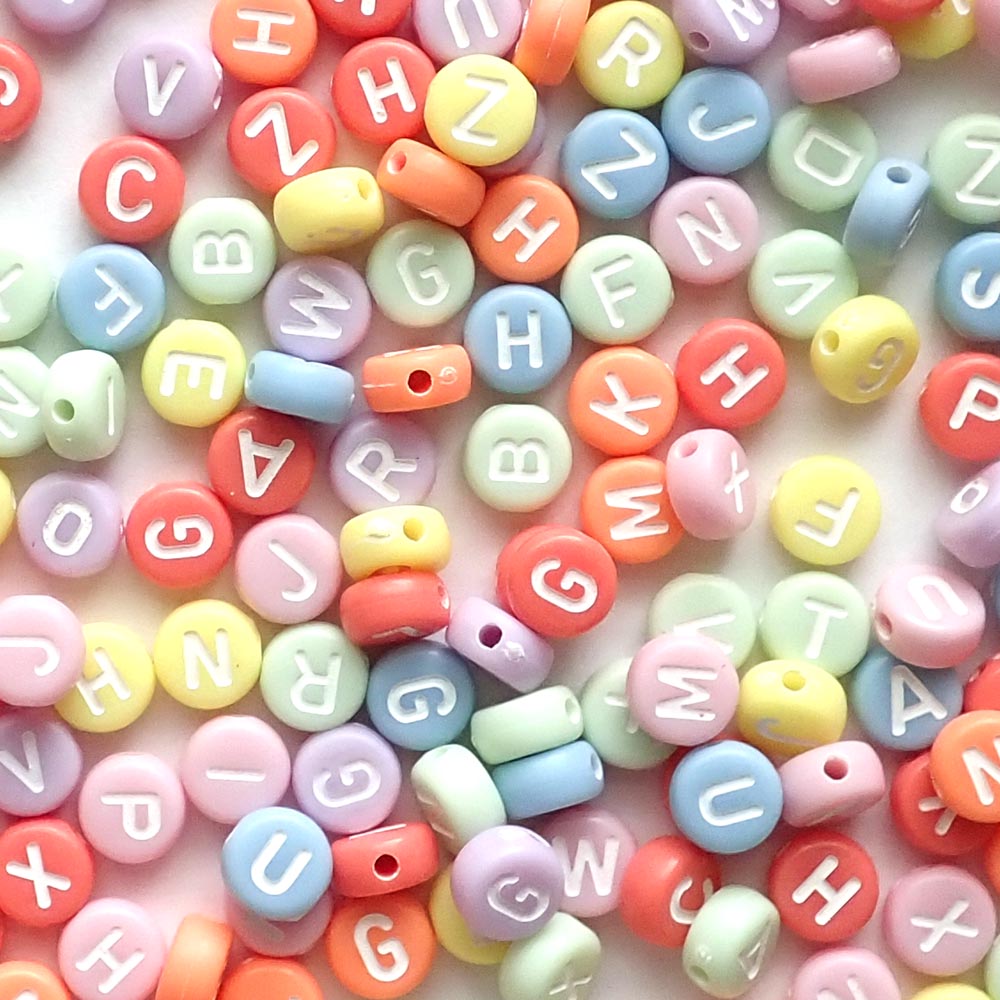 Bright Pastel Op Color Mix Plastic 7mm Round Alphabet Beads (White Letters), Random Letters, about 480 beads