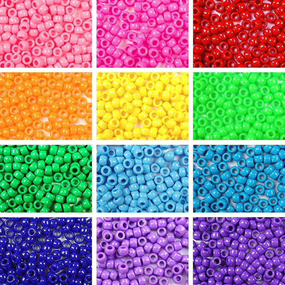 12 Opaque Colors Plastic Pony Beads. Size 6 x 9mm. Craft Beads.
