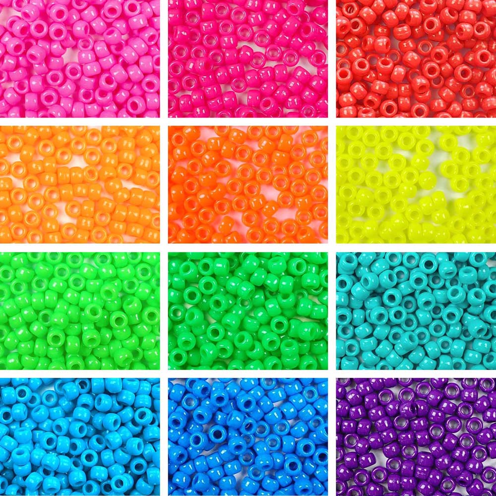 Neon Rainbow Opaque Pony Bead Kit, 12 Colors, 6 x 9mm Beads, 1800 beads total
