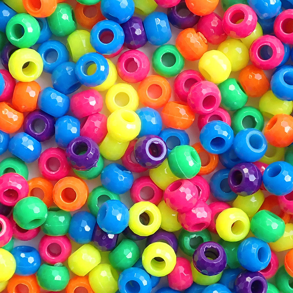Neon Mix Faceted Jewel Plastic Pony Beads 6 x 9mm, 500 beads
