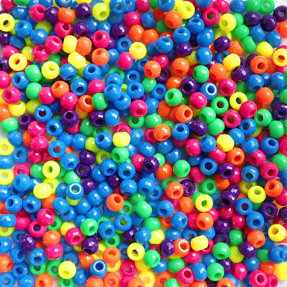 Neon Mix Faceted Jewel Plastic Pony Beads 6 x 9mm, 500 beads