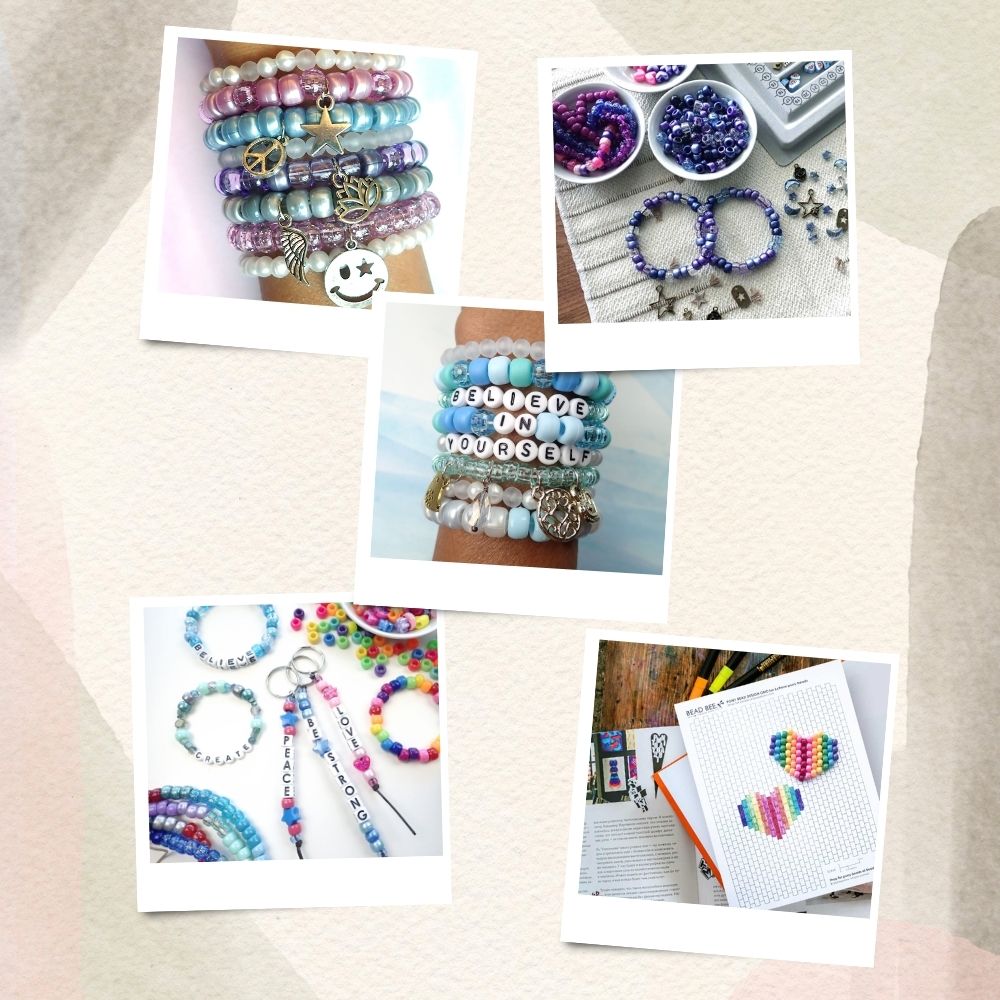 A collage of five photos showing examples of handmade items made from pony beads of various colors, string and charms, included bracelets, key chains and a woven heart.