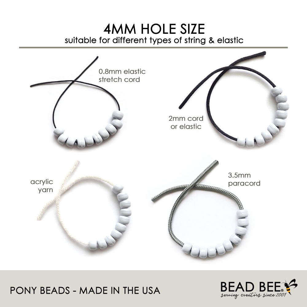 chart showing pony beads with different types of string, elastic & cord
