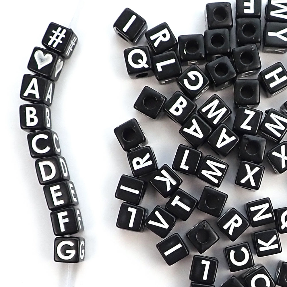 Plastic Black 8mm Cube Vertical Hole Alphabet Beads, Single Letters, 35 beads